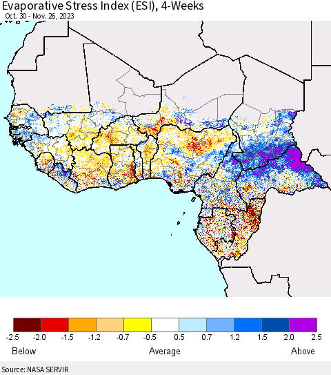 Western Africa Evaporative Stress Index (ESI), 4-Weeks Thematic Map For 11/20/2023 - 11/26/2023