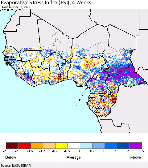 Western Africa Evaporative Stress Index (ESI), 4-Weeks Thematic Map For 11/27/2023 - 12/3/2023