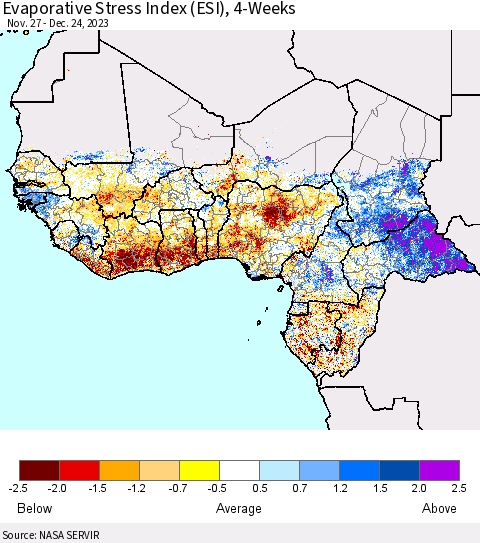 Western Africa Evaporative Stress Index (ESI), 4-Weeks Thematic Map For 12/18/2023 - 12/24/2023
