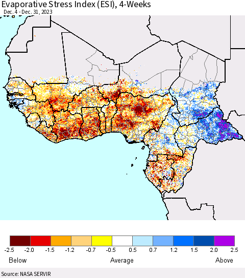 Western Africa Evaporative Stress Index (ESI), 4-Weeks Thematic Map For 12/25/2023 - 12/31/2023