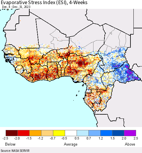 Western Africa Evaporative Stress Index (ESI), 4-Weeks Thematic Map For 1/1/2024 - 1/7/2024