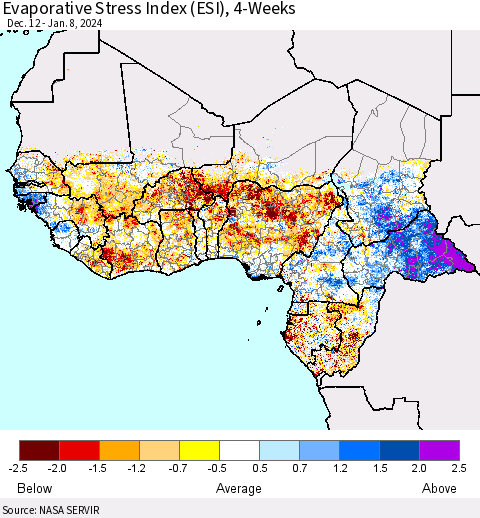 Western Africa Evaporative Stress Index (ESI), 4-Weeks Thematic Map For 1/8/2024 - 1/14/2024