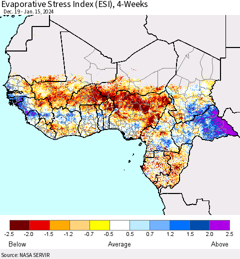 Western Africa Evaporative Stress Index (ESI), 4-Weeks Thematic Map For 1/15/2024 - 1/21/2024