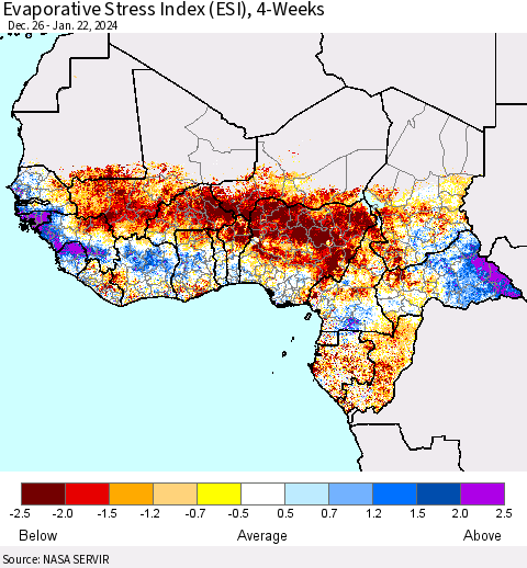 Western Africa Evaporative Stress Index (ESI), 4-Weeks Thematic Map For 1/22/2024 - 1/28/2024