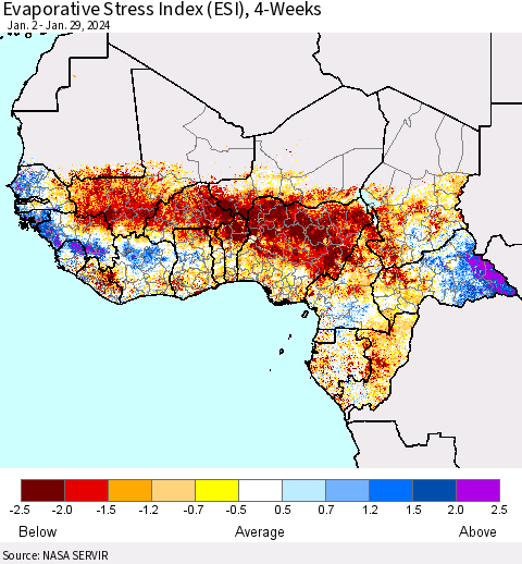 Western Africa Evaporative Stress Index (ESI), 4-Weeks Thematic Map For 1/29/2024 - 2/4/2024