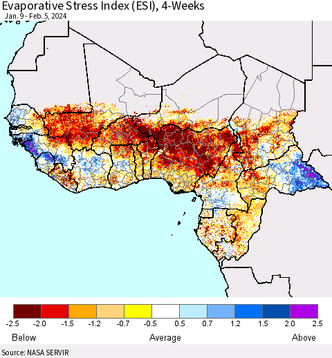 Western Africa Evaporative Stress Index (ESI), 4-Weeks Thematic Map For 2/5/2024 - 2/11/2024