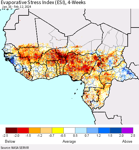 Western Africa Evaporative Stress Index (ESI), 4-Weeks Thematic Map For 2/12/2024 - 2/18/2024