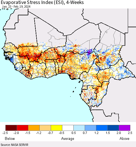 Western Africa Evaporative Stress Index (ESI), 4-Weeks Thematic Map For 2/19/2024 - 2/25/2024