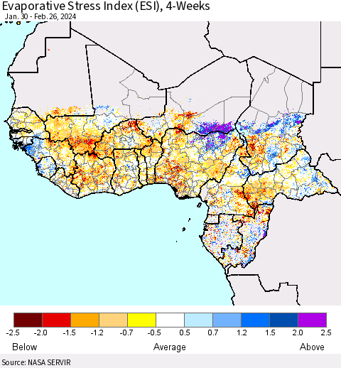 Western Africa Evaporative Stress Index (ESI), 4-Weeks Thematic Map For 2/26/2024 - 3/3/2024