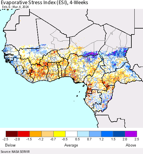 Western Africa Evaporative Stress Index (ESI), 4-Weeks Thematic Map For 3/4/2024 - 3/10/2024