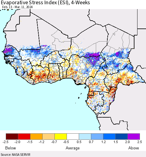 Western Africa Evaporative Stress Index (ESI), 4-Weeks Thematic Map For 3/11/2024 - 3/17/2024