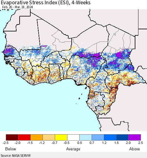 Western Africa Evaporative Stress Index (ESI), 4-Weeks Thematic Map For 3/18/2024 - 3/24/2024
