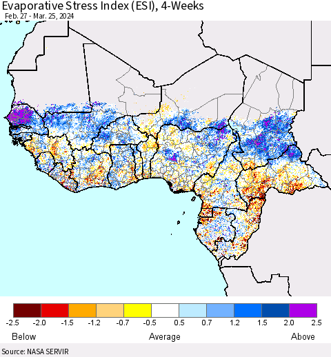Western Africa Evaporative Stress Index (ESI), 4-Weeks Thematic Map For 3/25/2024 - 3/31/2024
