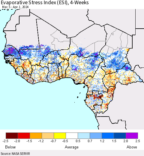 Western Africa Evaporative Stress Index (ESI), 4-Weeks Thematic Map For 4/1/2024 - 4/7/2024