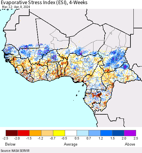 Western Africa Evaporative Stress Index (ESI), 4-Weeks Thematic Map For 4/8/2024 - 4/14/2024