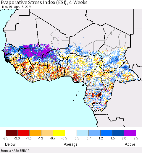 Western Africa Evaporative Stress Index (ESI), 4-Weeks Thematic Map For 4/15/2024 - 4/21/2024