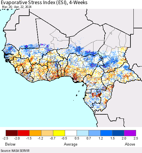 Western Africa Evaporative Stress Index (ESI), 4-Weeks Thematic Map For 4/22/2024 - 4/28/2024
