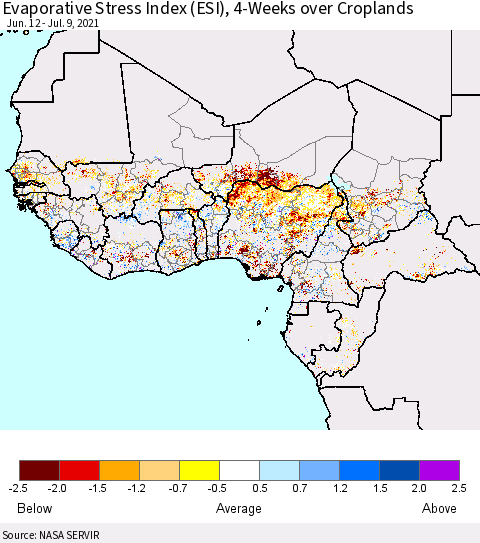 Western Africa Evaporative Stress Index (ESI), 4-Weeks over Croplands Thematic Map For 7/5/2021 - 7/11/2021