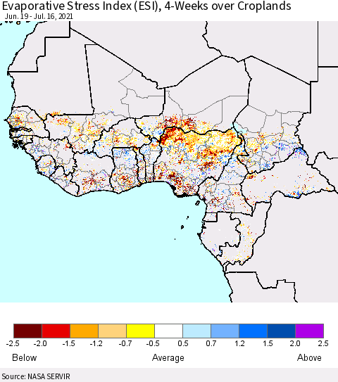 Western Africa Evaporative Stress Index (ESI), 4-Weeks over Croplands Thematic Map For 7/12/2021 - 7/18/2021