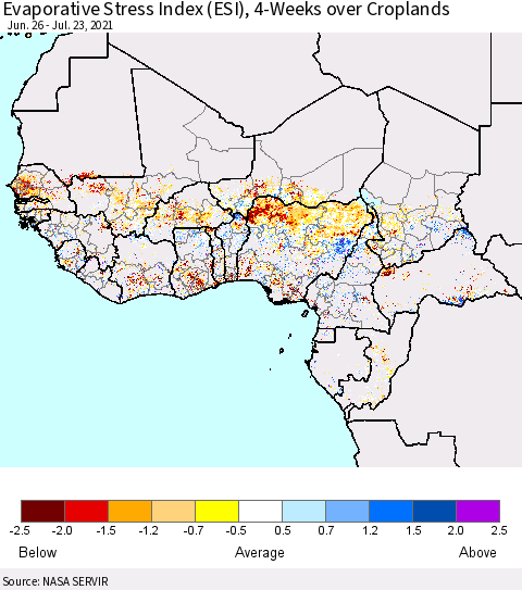 Western Africa Evaporative Stress Index (ESI), 4-Weeks over Croplands Thematic Map For 7/19/2021 - 7/25/2021