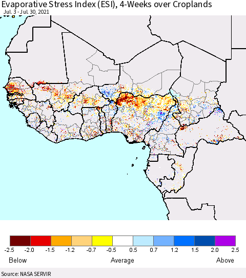 Western Africa Evaporative Stress Index (ESI), 4-Weeks over Croplands Thematic Map For 7/26/2021 - 8/1/2021