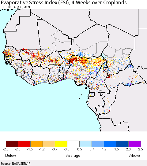 Western Africa Evaporative Stress Index (ESI), 4-Weeks over Croplands Thematic Map For 8/2/2021 - 8/8/2021