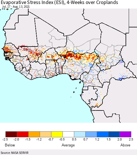 Western Africa Evaporative Stress Index (ESI), 4-Weeks over Croplands Thematic Map For 8/9/2021 - 8/15/2021