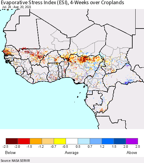 Western Africa Evaporative Stress Index (ESI), 4-Weeks over Croplands Thematic Map For 8/16/2021 - 8/22/2021