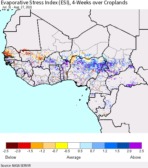 Western Africa Evaporative Stress Index (ESI), 4-Weeks over Croplands Thematic Map For 8/23/2021 - 8/29/2021