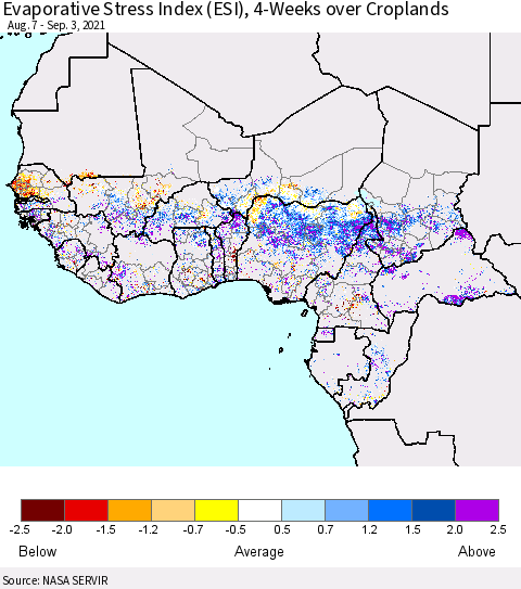 Western Africa Evaporative Stress Index (ESI), 4-Weeks over Croplands Thematic Map For 8/30/2021 - 9/5/2021