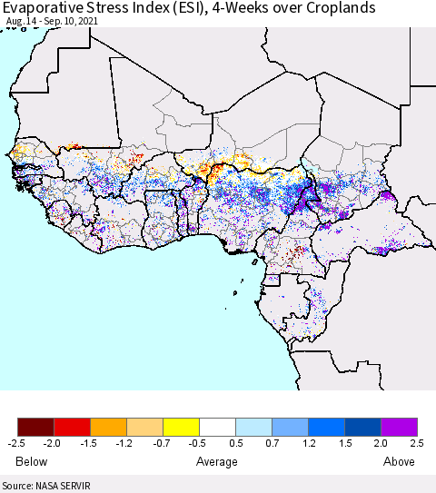 Western Africa Evaporative Stress Index (ESI), 4-Weeks over Croplands Thematic Map For 9/6/2021 - 9/12/2021