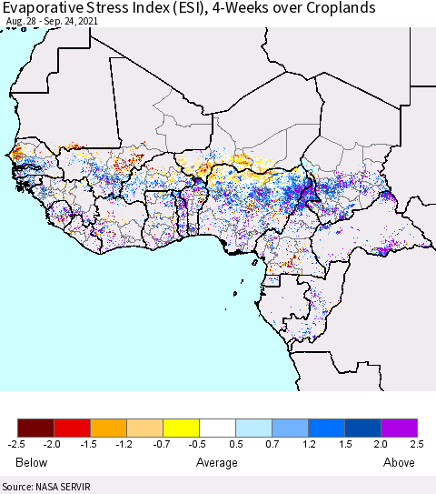 Western Africa Evaporative Stress Index (ESI), 4-Weeks over Croplands Thematic Map For 9/20/2021 - 9/26/2021