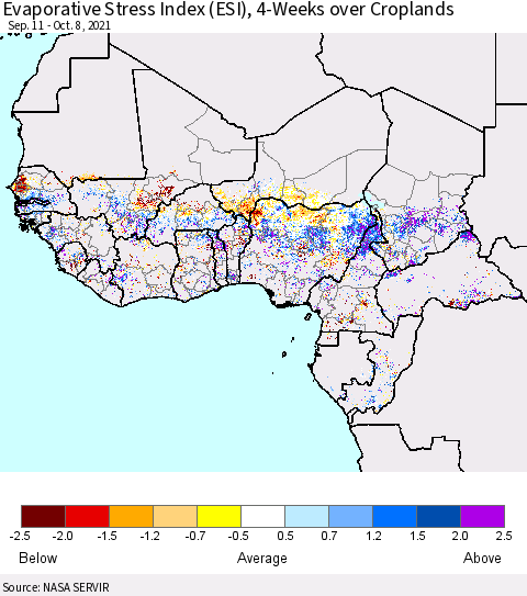 Western Africa Evaporative Stress Index (ESI), 4-Weeks over Croplands Thematic Map For 10/4/2021 - 10/10/2021