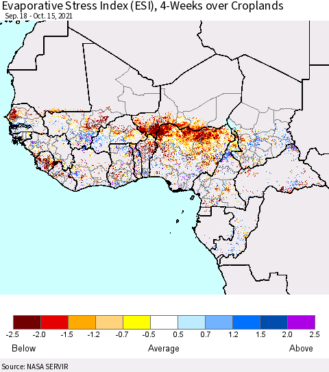 Western Africa Evaporative Stress Index (ESI), 4-Weeks over Croplands Thematic Map For 10/11/2021 - 10/17/2021