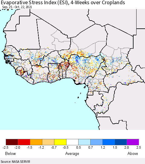 Western Africa Evaporative Stress Index (ESI), 4-Weeks over Croplands Thematic Map For 10/18/2021 - 10/24/2021