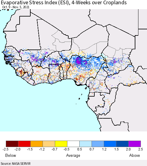 Western Africa Evaporative Stress Index (ESI), 4-Weeks over Croplands Thematic Map For 11/1/2021 - 11/7/2021