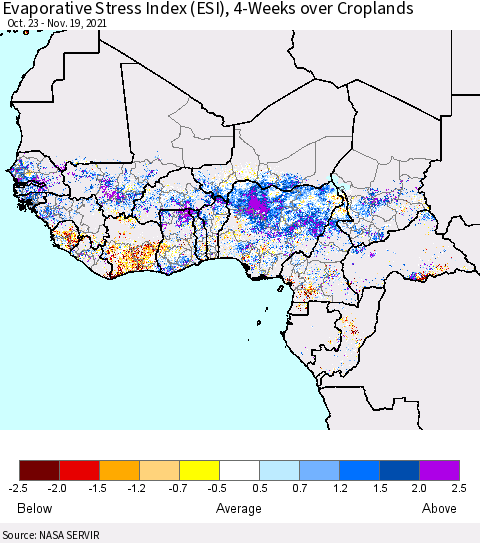 Western Africa Evaporative Stress Index (ESI), 4-Weeks over Croplands Thematic Map For 11/15/2021 - 11/21/2021
