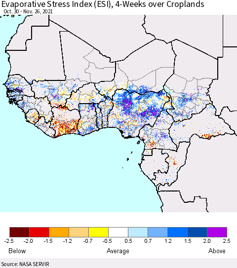 Western Africa Evaporative Stress Index (ESI), 4-Weeks over Croplands Thematic Map For 11/22/2021 - 11/28/2021