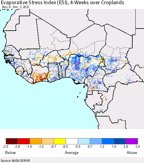Western Africa Evaporative Stress Index (ESI), 4-Weeks over Croplands Thematic Map For 11/29/2021 - 12/5/2021