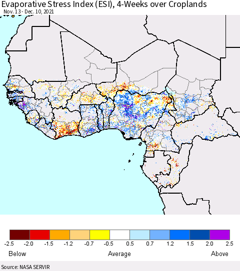 Western Africa Evaporative Stress Index (ESI), 4-Weeks over Croplands Thematic Map For 12/6/2021 - 12/12/2021