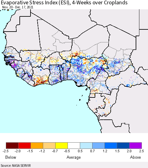 Western Africa Evaporative Stress Index (ESI), 4-Weeks over Croplands Thematic Map For 12/13/2021 - 12/19/2021