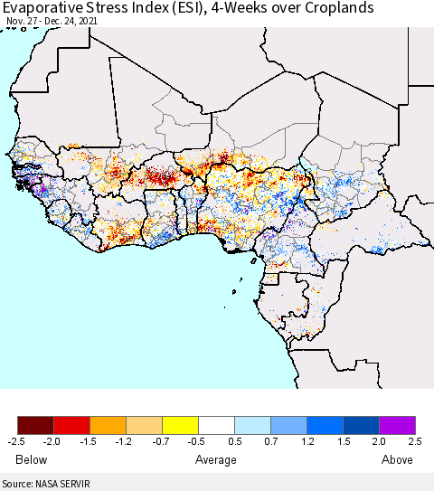 Western Africa Evaporative Stress Index (ESI), 4-Weeks over Croplands Thematic Map For 12/20/2021 - 12/26/2021