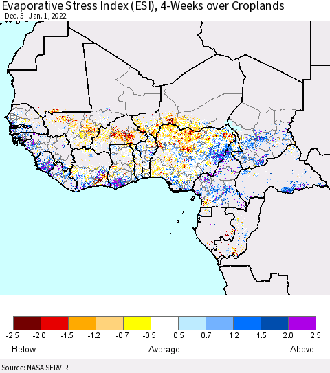 Western Africa Evaporative Stress Index (ESI), 4-Weeks over Croplands Thematic Map For 12/27/2021 - 1/2/2022