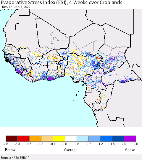 Western Africa Evaporative Stress Index (ESI), 4-Weeks over Croplands Thematic Map For 1/3/2022 - 1/9/2022