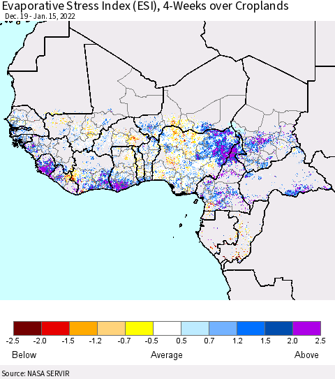 Western Africa Evaporative Stress Index (ESI), 4-Weeks over Croplands Thematic Map For 1/10/2022 - 1/16/2022