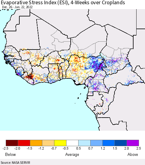 Western Africa Evaporative Stress Index (ESI), 4-Weeks over Croplands Thematic Map For 1/17/2022 - 1/23/2022