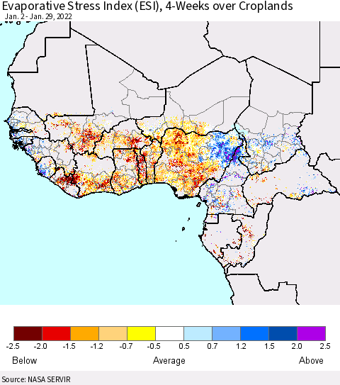 Western Africa Evaporative Stress Index (ESI), 4-Weeks over Croplands Thematic Map For 1/24/2022 - 1/30/2022