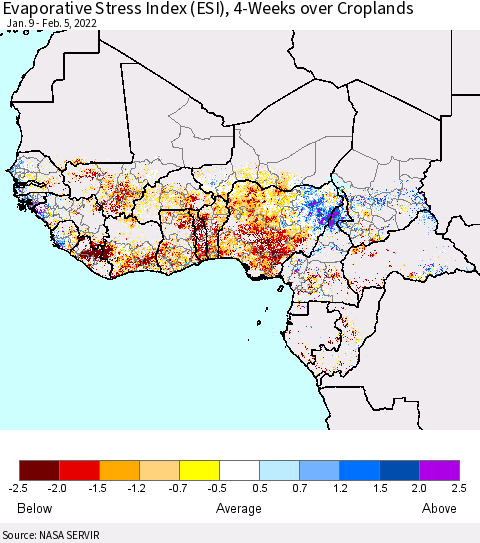 Western Africa Evaporative Stress Index (ESI), 4-Weeks over Croplands Thematic Map For 1/31/2022 - 2/6/2022