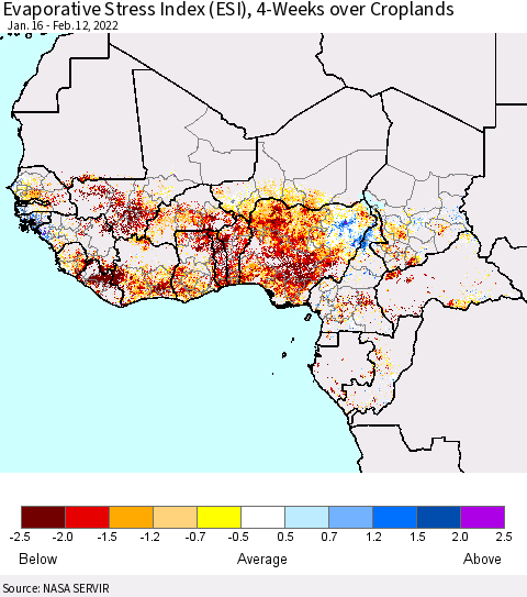 Western Africa Evaporative Stress Index (ESI), 4-Weeks over Croplands Thematic Map For 2/7/2022 - 2/13/2022