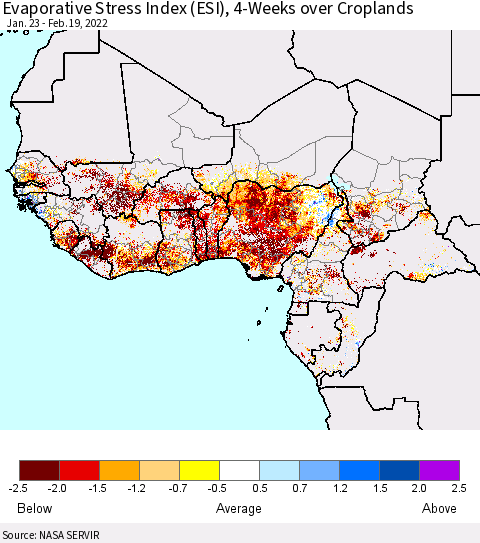 Western Africa Evaporative Stress Index (ESI), 4-Weeks over Croplands Thematic Map For 2/14/2022 - 2/20/2022